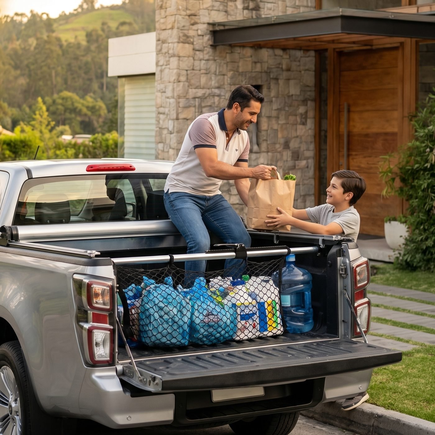 Familia descargando compras con la CARGOBAR instalada